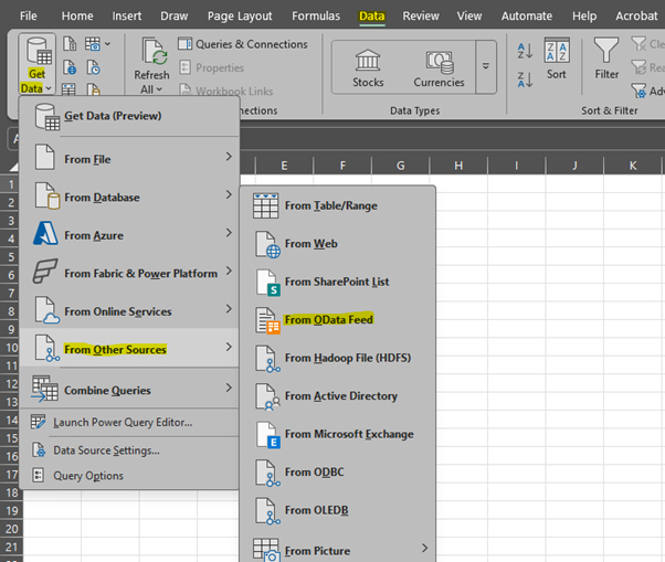 A screenshot of the Microsoft Excel Data ribbon, showing the navigation path through 'Get Data' and 'From Other Sources' to select the 'From OData Feed' option.